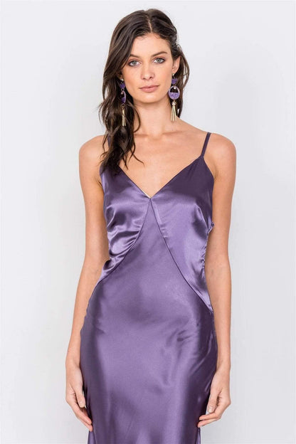 Eggplant V-Neck Satin Maxi Dress - Shopping Therapy, LLC dress