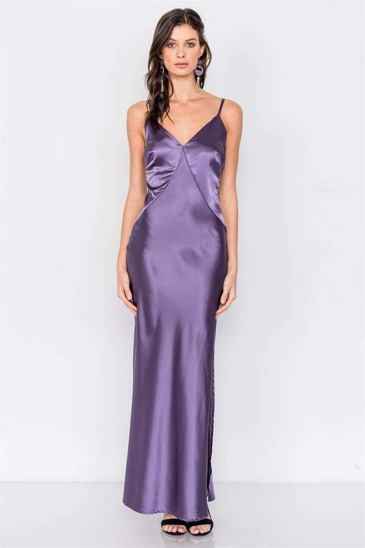 Eggplant V-Neck Satin Maxi Dress - Shopping Therapy S dress