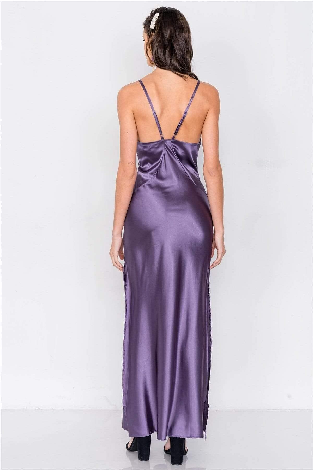 Eggplant V-Neck Satin Maxi Dress - Shopping Therapy dress