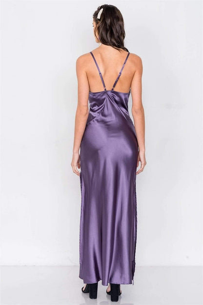 Eggplant V-Neck Satin Maxi Dress - Shopping Therapy, LLC dress