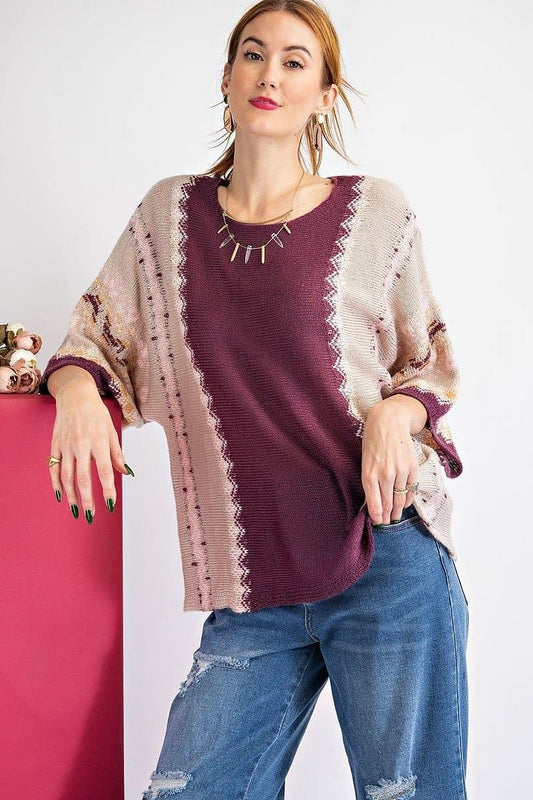Faded Plum Midi Sleeve Colorblock Oversize Sweater - Shopping Therapy S Sweater