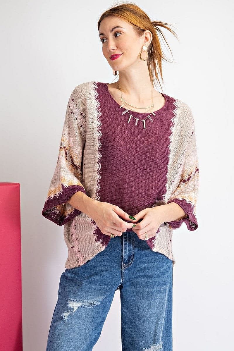 Faded Plum Midi Sleeve Colorblock Oversize Sweater - Shopping Therapy M Sweater