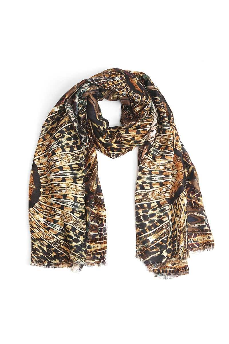 Feather Print Silk Knit Neck Scarf - Shopping Therapy Brown Scarf