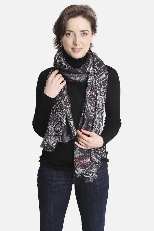 Feather Print Silk Knit Neck Scarf - Shopping Therapy Black Scarf
