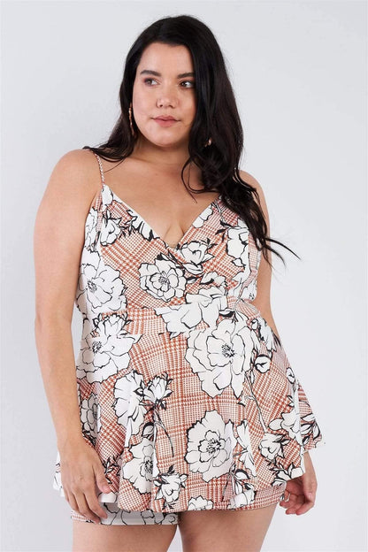 Floral Plus Size Spaghetti Strap Romper-Skort - Shopping Therapy, LLC 