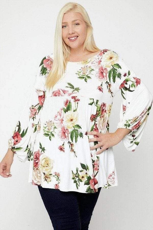 Floral White Plus Long Sleeve Tunic - Shopping Therapy 1XL Top