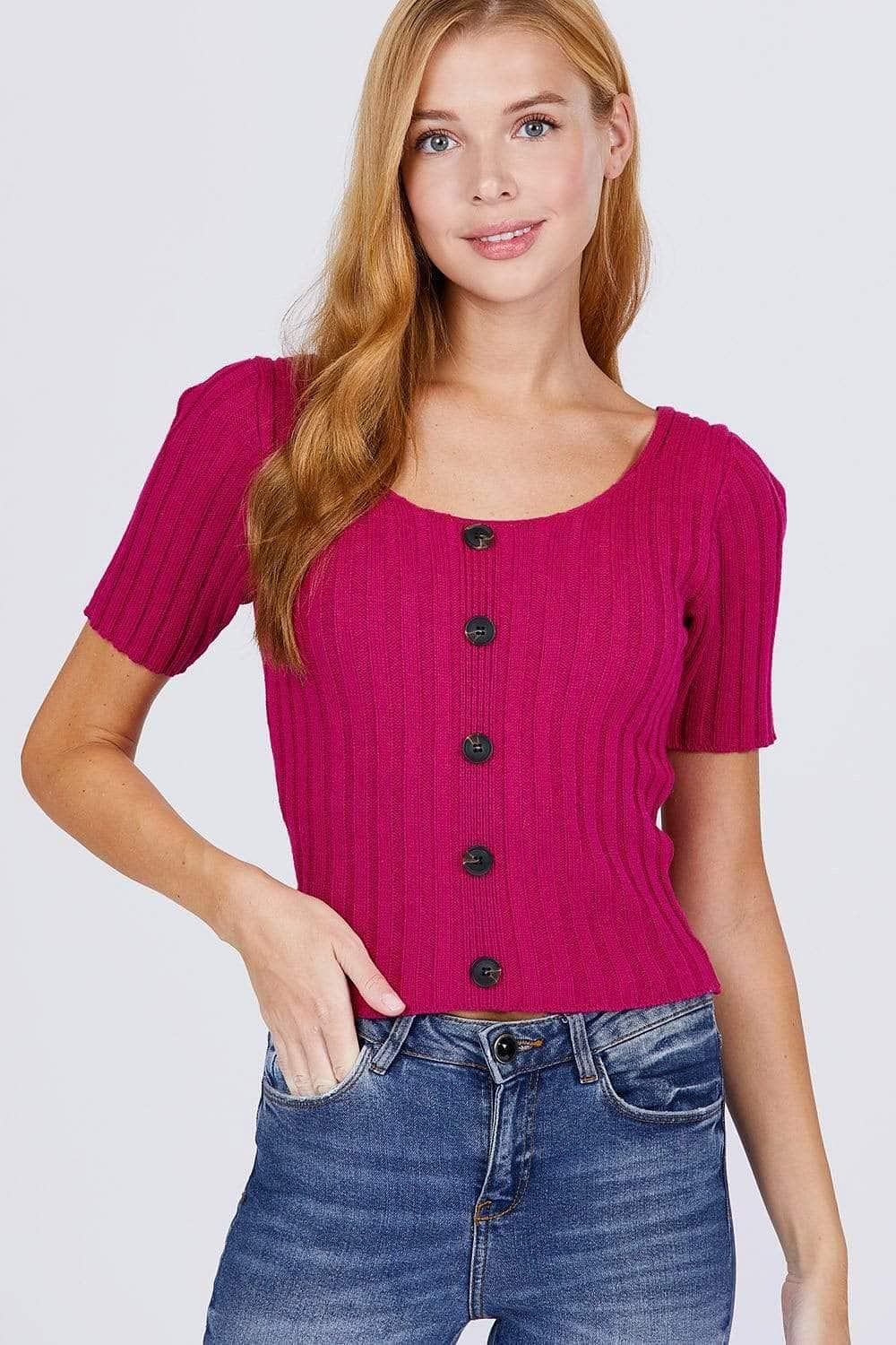 Fuchsia Short Sleeve Rib Knitted Sweater - Shopping Therapy Top