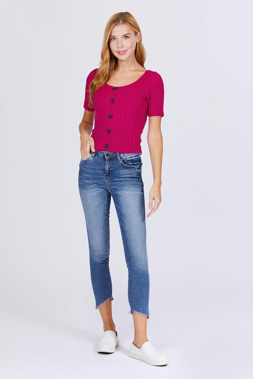 Fuchsia Short Sleeve Rib Knitted Sweater - Shopping Therapy, LLC Top