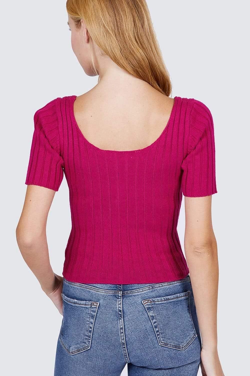 Fuchsia Short Sleeve Rib Knitted Sweater - Shopping Therapy S Top