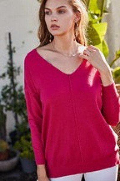 Fuschia Long Sleeve V-Neck Sweater - Shopping Therapy, LLC Top