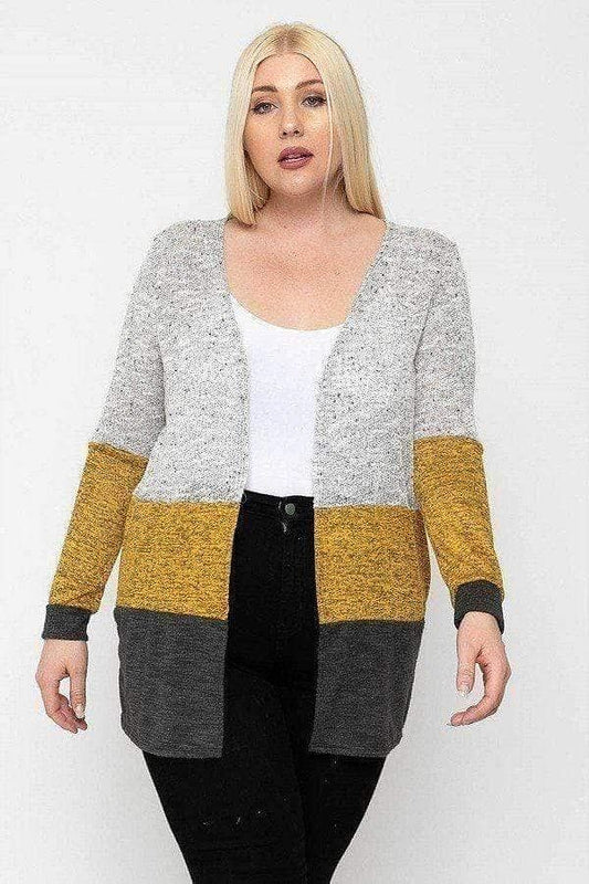 Gold-Gray Plus Size Long Sleeve Cardigan - Shopping Therapy, LLC Cardigan