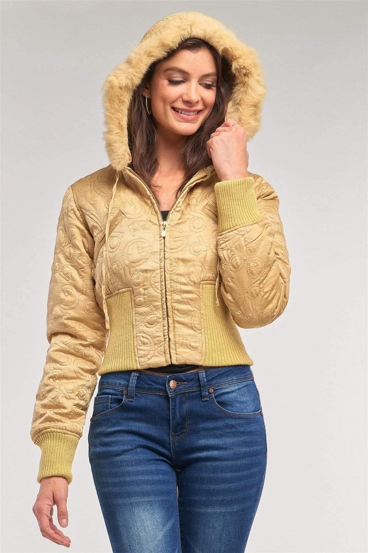 Gold Long Sleeve Faux Fur Winter Bomber Jacket - Shopping Therapy, LLC Jackets