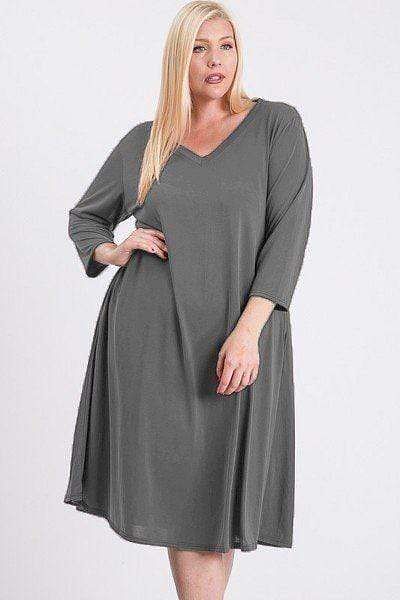 Gray Plus Size Midi Sleeve V-Neck Swing Dress - Shopping Therapy, LLC Dress