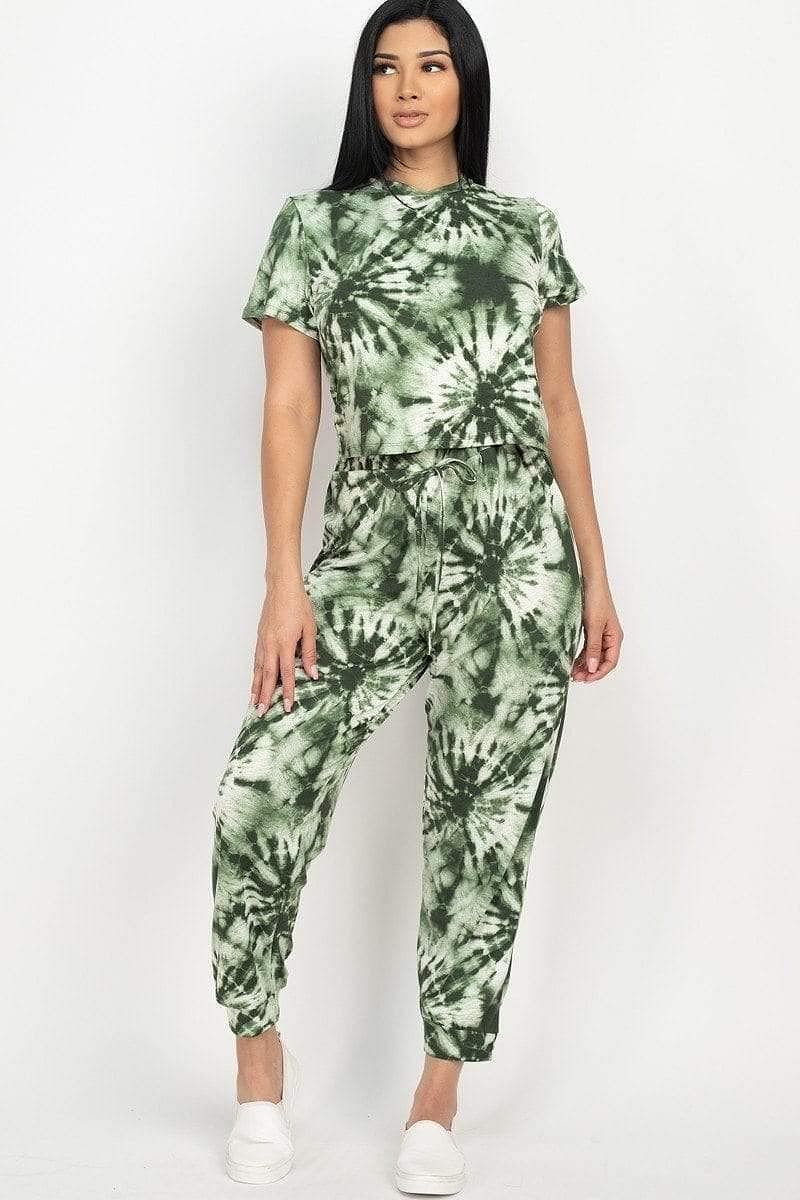 Green Short Sleeve Tie-Dye Top And Pants Set - Shopping Therapy S Outfit Sets