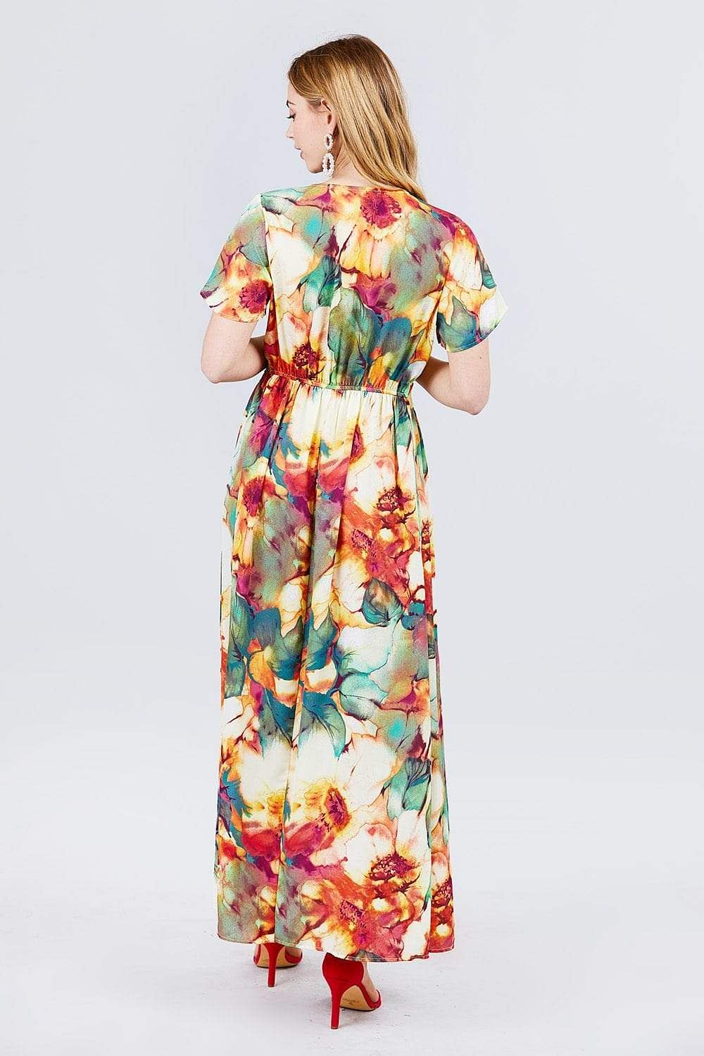 Green Short Sleeve V-Neck Floral Maxi Dress - Shopping Therapy S dress