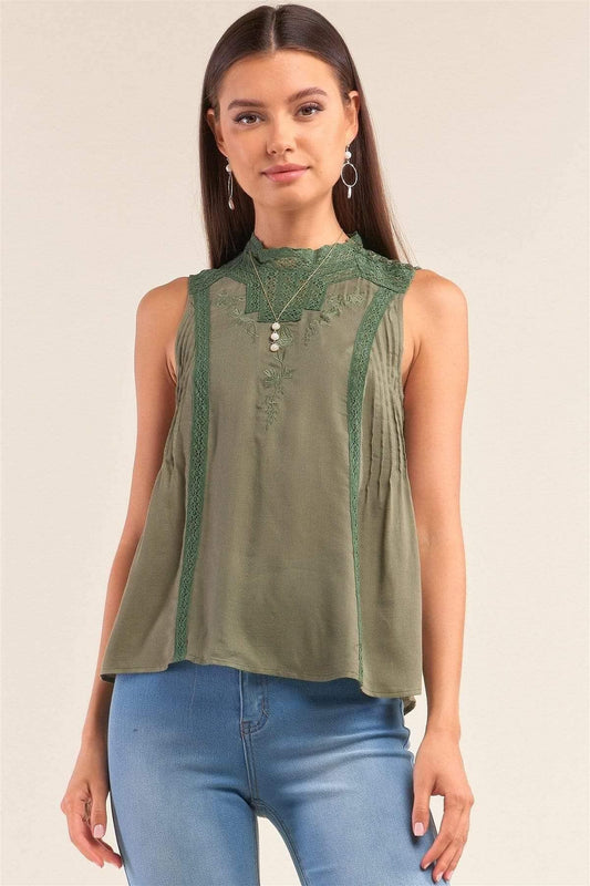 Green Sleeveless Crochet Embroidered Top - Shopping Therapy, LLC Top