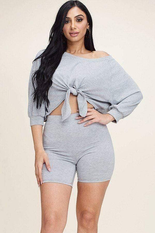 Heather Gray Long Sleeve Top And Short Set - Shopping Therapy, LLC Sets
