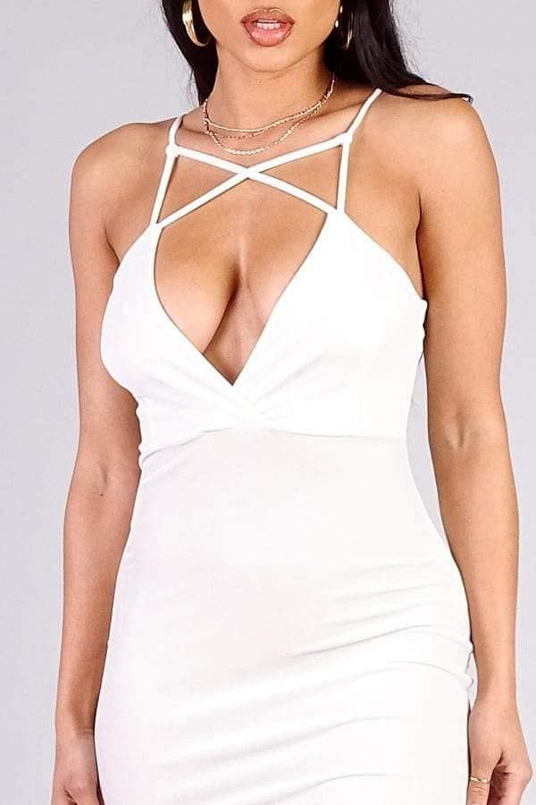 Ivory Criss Cross Spaghetti Strap Bodycon Dress - Shopping Therapy L Dress