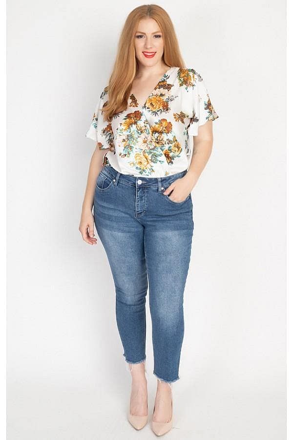 Ivory Floral Printed Plus Size 3/4 Sleeve Bodysuit - Shopping Therapy 1XL Top