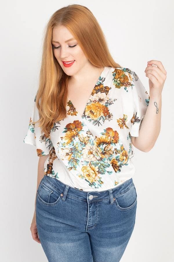 Ivory Floral Printed Plus Size 3/4 Sleeve Bodysuit - Shopping Therapy Top
