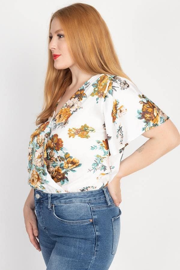 Ivory Floral Printed Plus Size 3/4 Sleeve Bodysuit - Shopping Therapy, LLC Top