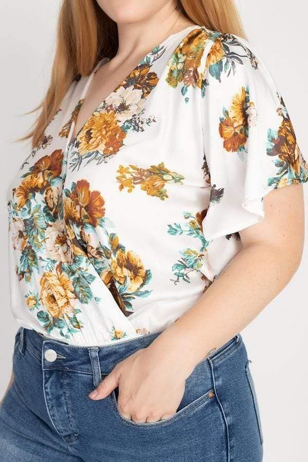 Ivory Floral Printed Plus Size 3/4 Sleeve Bodysuit - Shopping Therapy, LLC Top