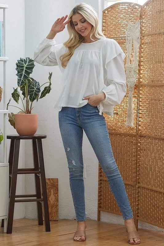 Ivory Long Sleeve Rib Knitted Ruffle Top - Shopping Therapy, LLC Top
