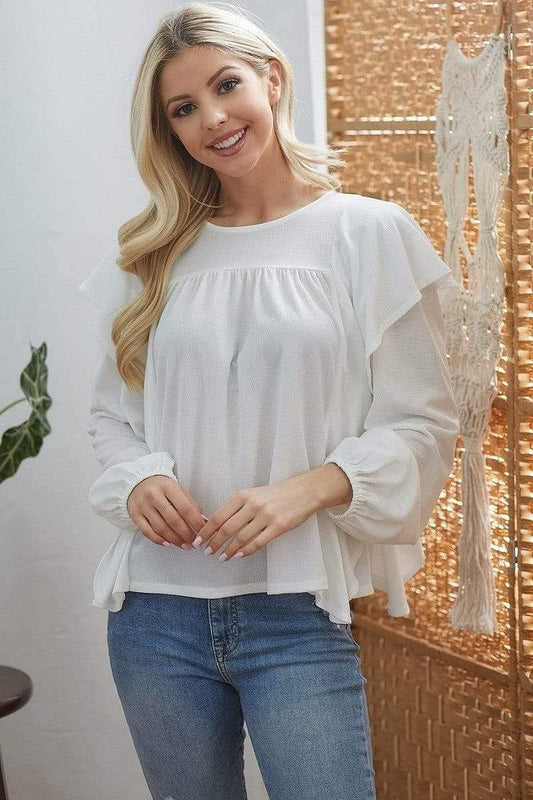 Ivory Long Sleeve Rib Knitted Ruffle Top - Shopping Therapy, LLC Top