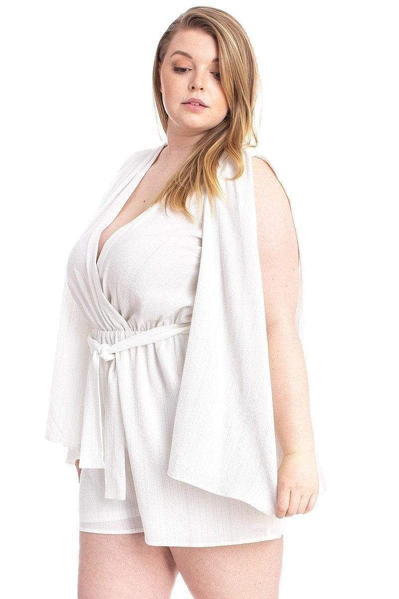 Ivory Plus Size Short Sleeve V-neck Romper - Shopping Therapy, LLC rompers