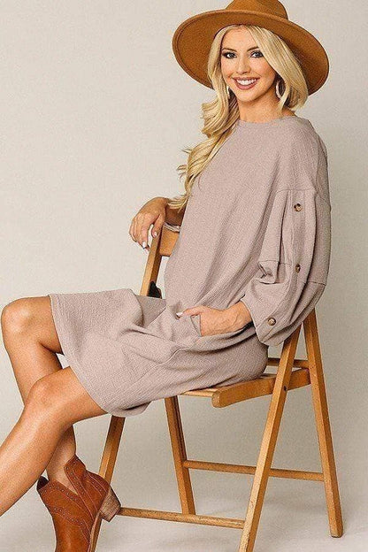 Khaki Balloon Sleeve Mini Dress - Shopping Therapy, LLC Dress