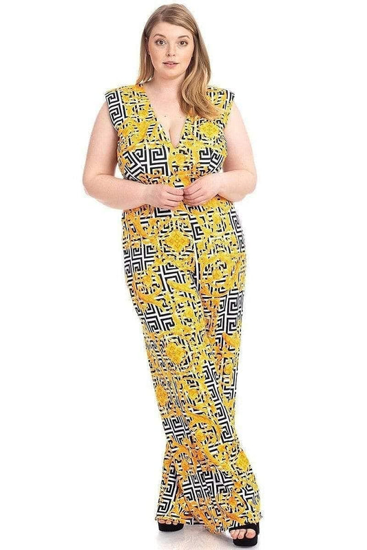 Lemon Plus Size Greek Key Print Jumpsuit - Shopping Therapy 1XL Jumpsuit