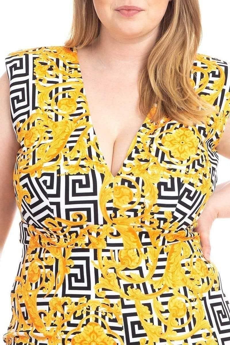 Lemon Plus Size Greek Key Print Jumpsuit - Shopping Therapy 2XL Jumpsuit