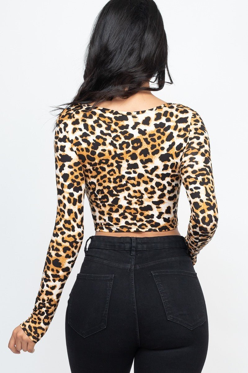 Leopard Print Ruched Crop Top with Front Straps - Shopping Therapy Apparel & Accessories