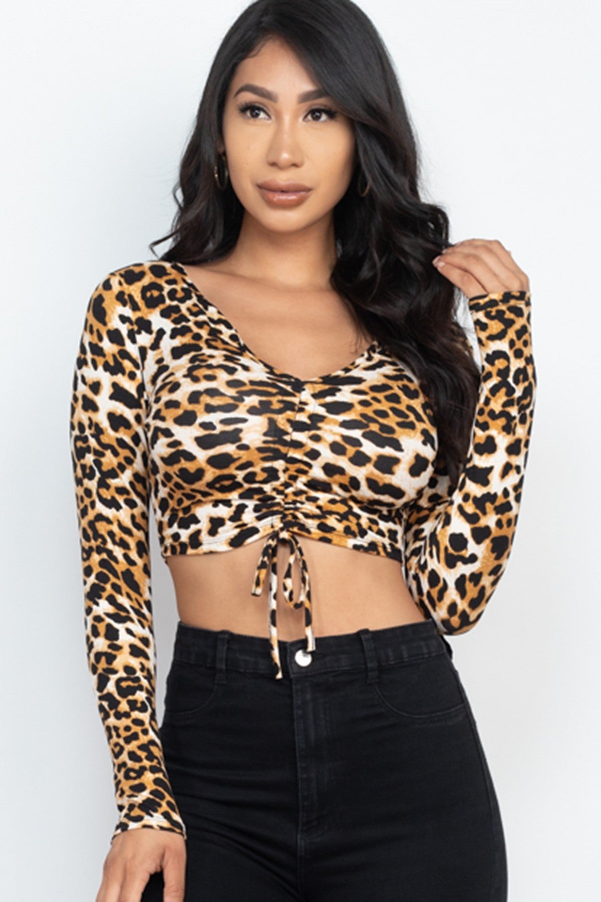 Leopard Print Ruched Crop Top with Front Straps - Shopping Therapy, LLC Apparel & Accessories