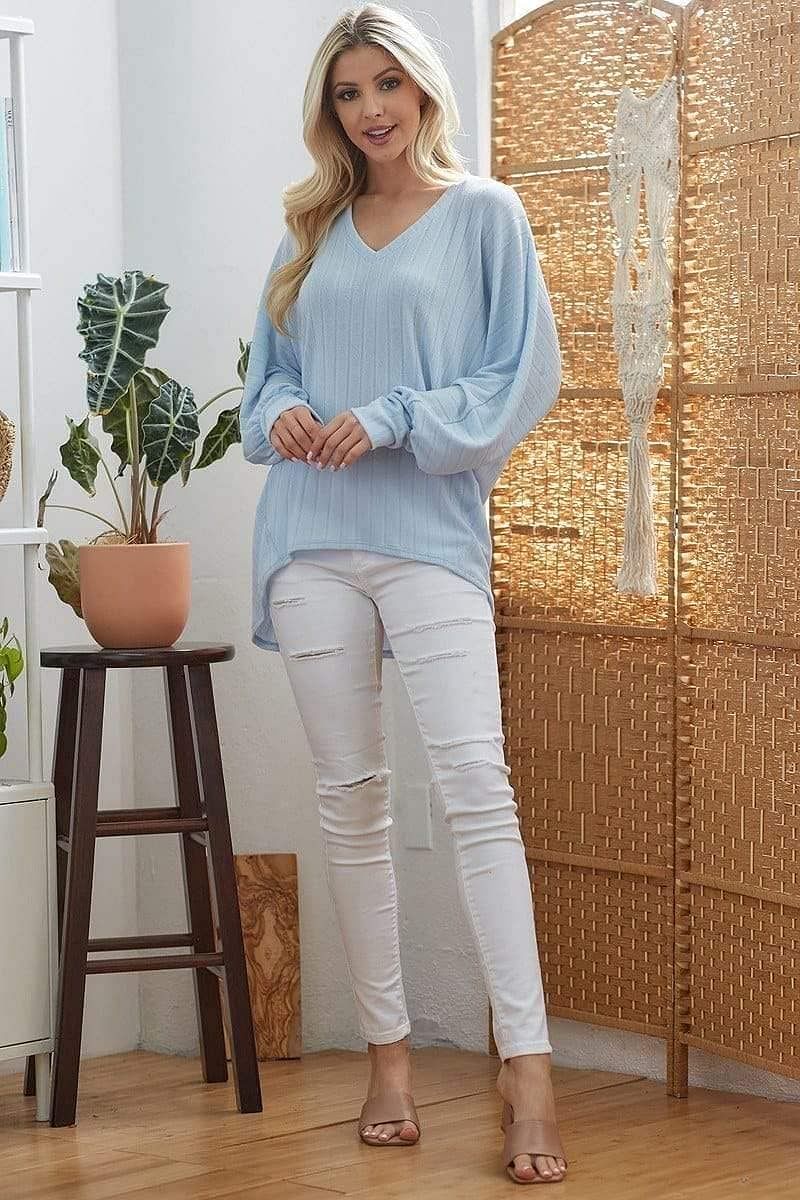 Light Blue Long Sleeve V-Neck Rib Knitted Top - Shopping Therapy, LLC Top