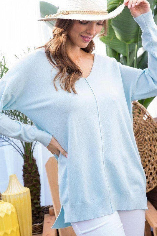 Light Blue Long Sleeve V-Neck Sweater - Shopping Therapy, LLC Sweater