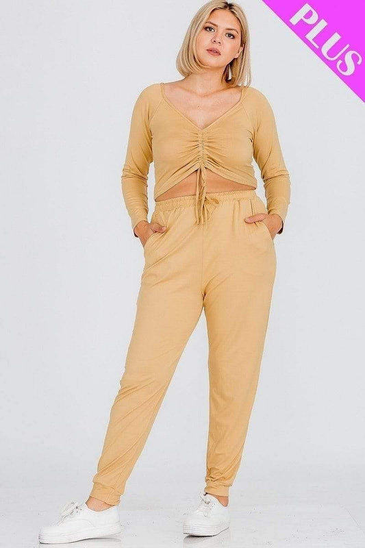 Light Yellow Plus Size Ruched Top And Jogger Set - Shopping Therapy, LLC Active Sets