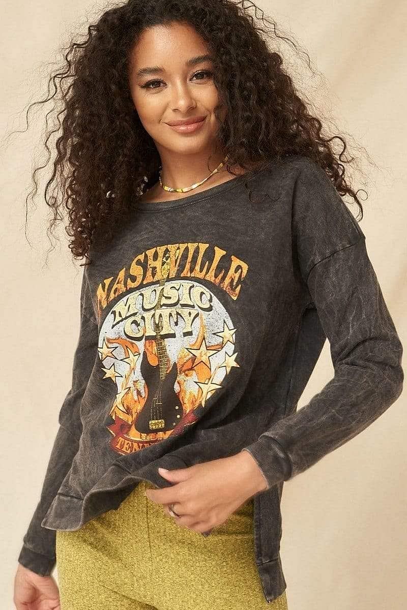 Long Sleeve Graphic Sweatshirt-Nashville Music City - Shopping Therapy S Sweatshirt