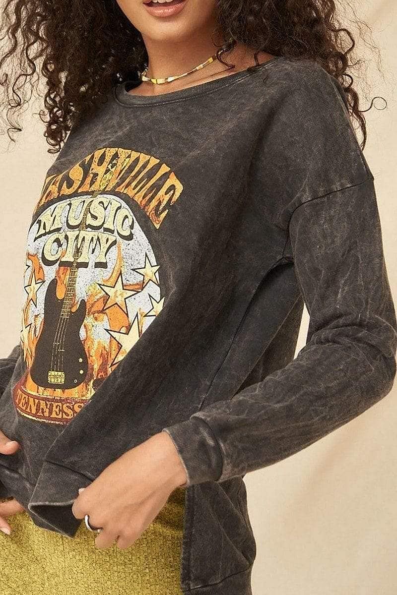 Long Sleeve Graphic Sweatshirt-Nashville Music City - Shopping Therapy Sweatshirt