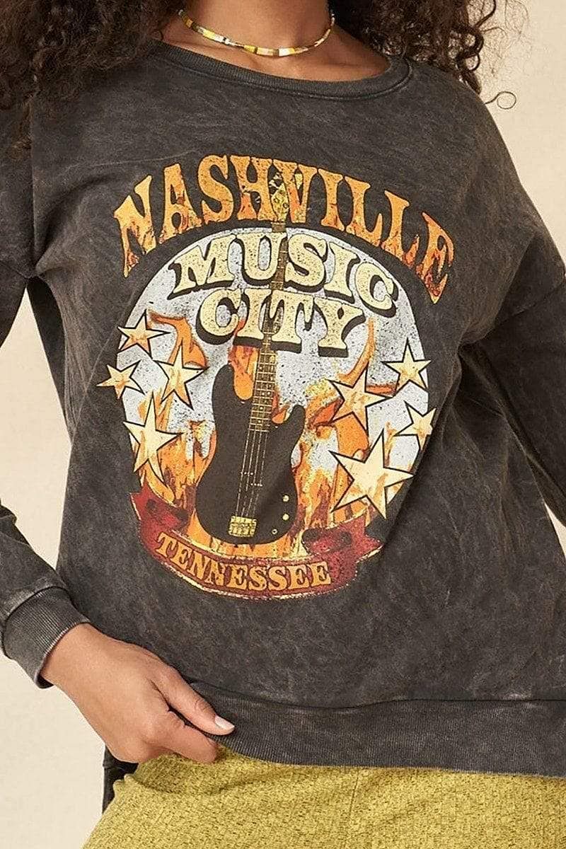 Long Sleeve Graphic Sweatshirt-Nashville Music City - Shopping Therapy M Sweatshirt