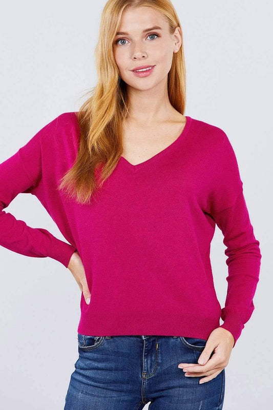 Magenta Long Sleeve V-Neck Pullover Sweater - Shopping Therapy, LLC Sweater