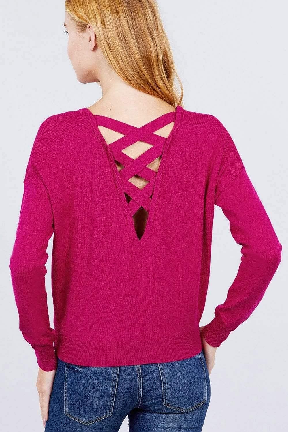 Magenta Long Sleeve V-Neck Pullover Sweater - Shopping Therapy, LLC Sweater