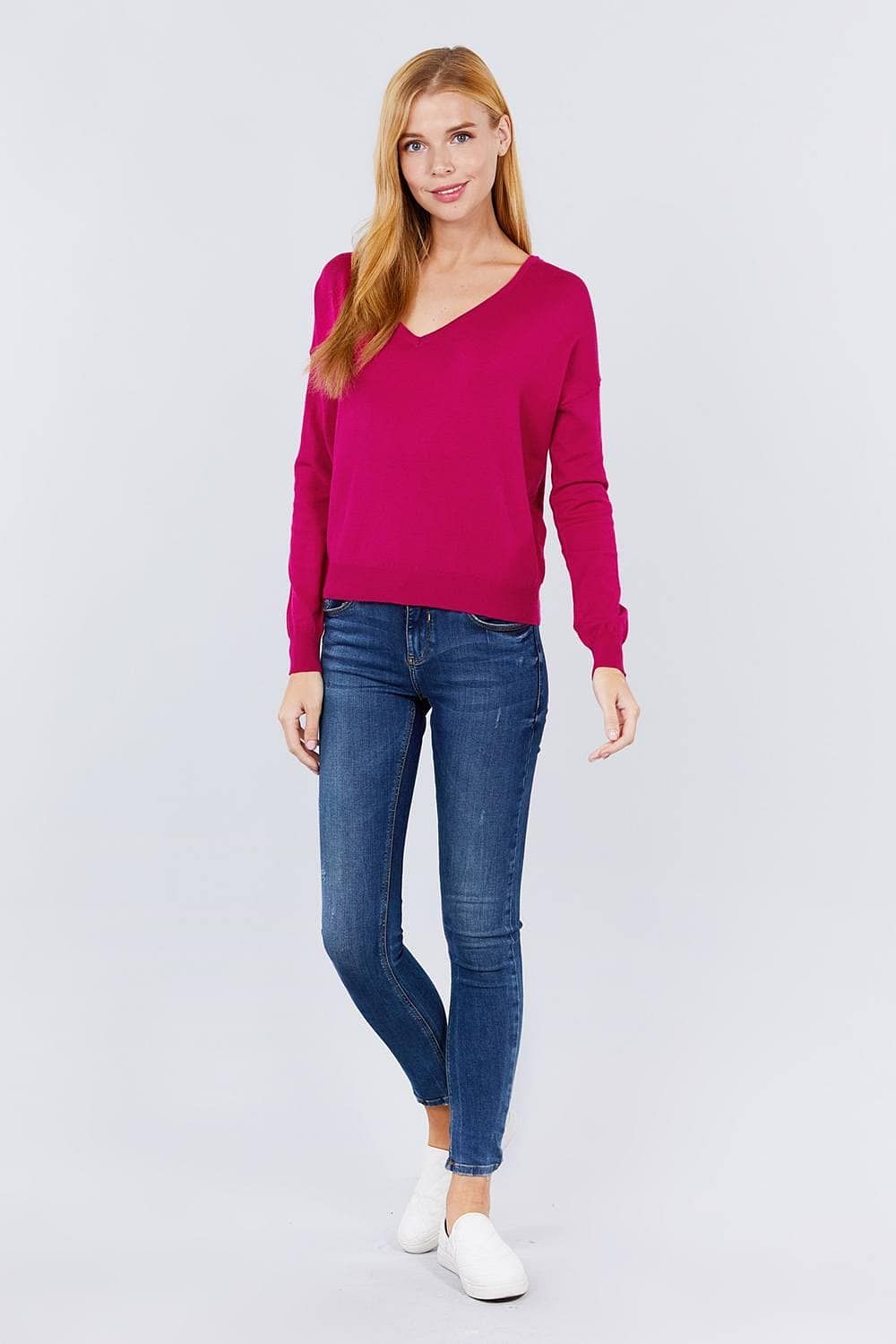 Magenta Long Sleeve V-Neck Pullover Sweater - Shopping Therapy, LLC Sweater