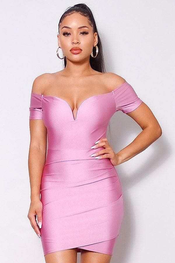 Mauve Off The Shoulder Bodycon Mini Dress - Shopping Therapy Dress