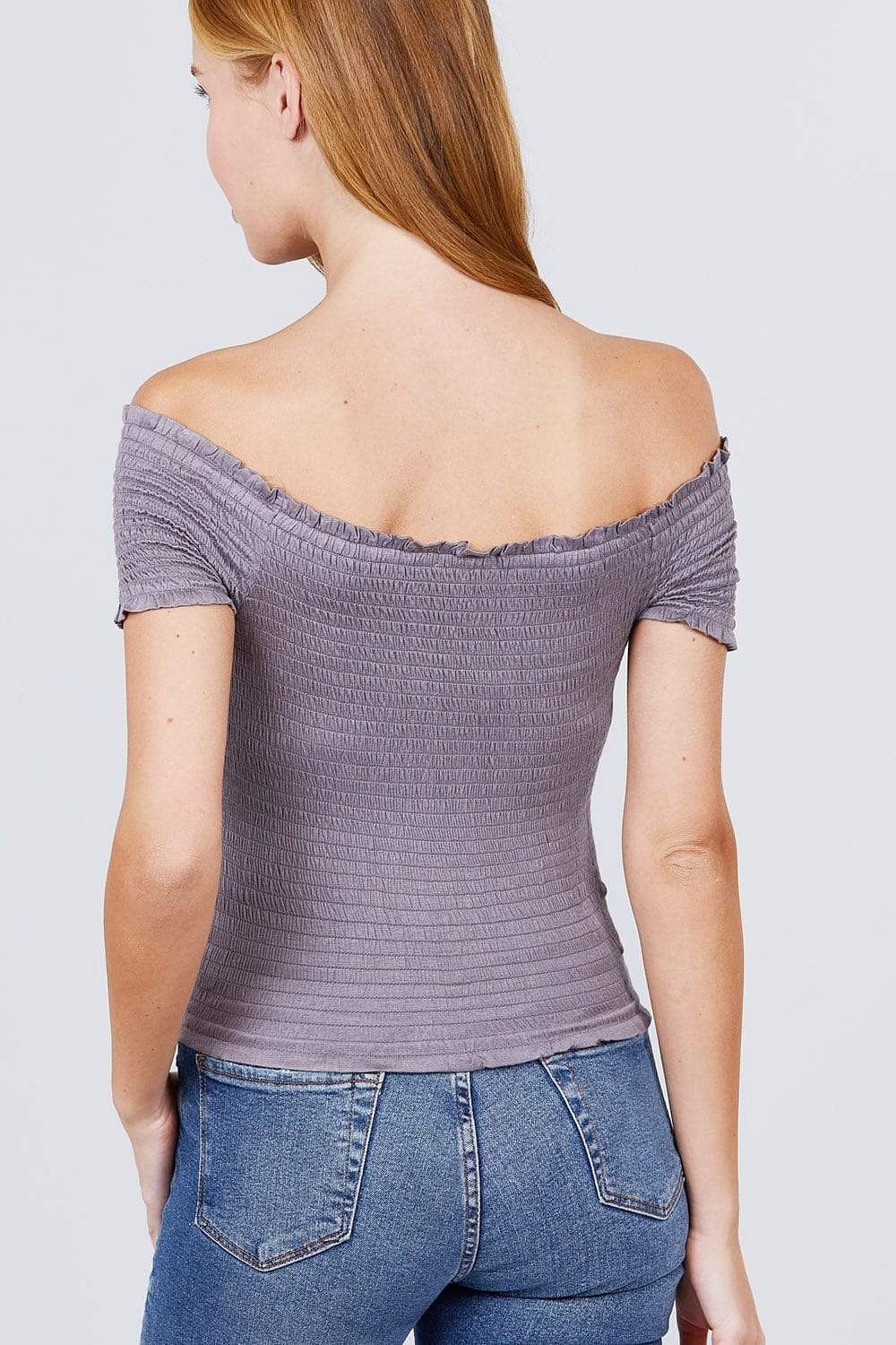Mauve Short Sleeve Off The Shoulder Smocked Top - Shopping Therapy Top