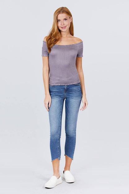 Mauve Short Sleeve Off The Shoulder Smocked Top - Shopping Therapy, LLC Top