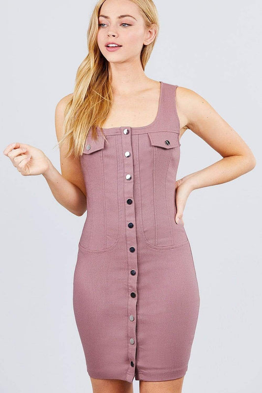 Mauve Sleeveless Mini Dress With Front Buttons - Shopping Therapy, LLC Dress