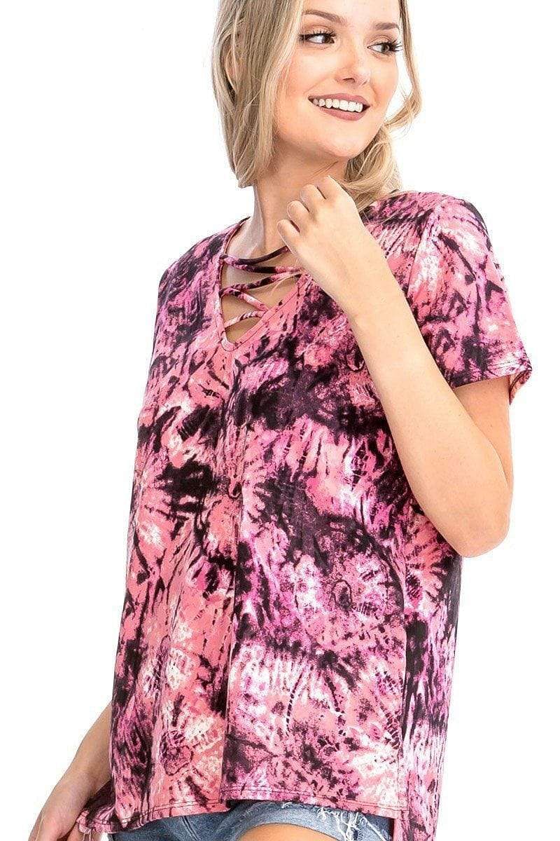 Mauve Tie Dye Short Sleeve With Front Criss-Cross Straps - Shopping Therapy, LLC Top