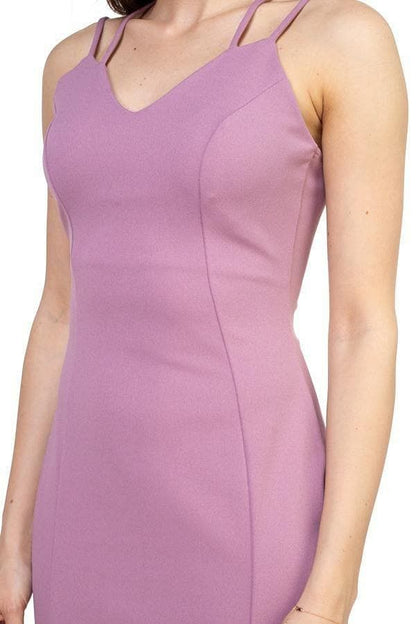 Mauve V-Neck Double Spaghetti Strap Dress - Shopping Therapy, LLC Dress