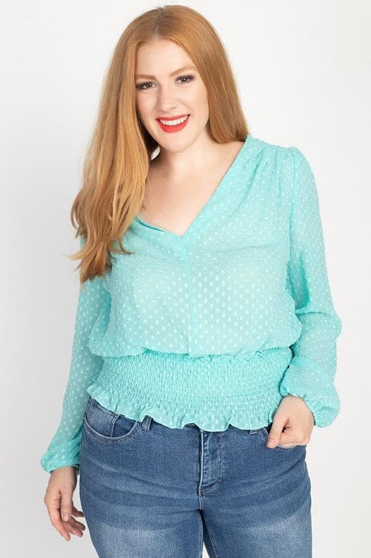 Mint Plus Size Long Sleeve Polka Dot Top - Shopping Therapy, LLC Shirts & Tops